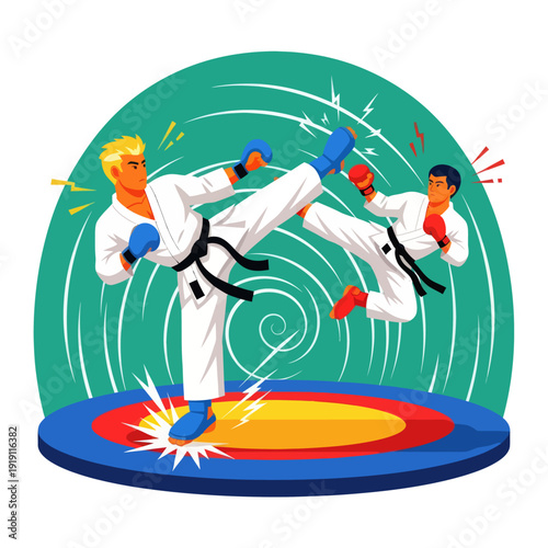 Dynamic vector illustration of two martial artists in combat. Karate fighters in white kimonos performing high kicks during a match in a circular arena.