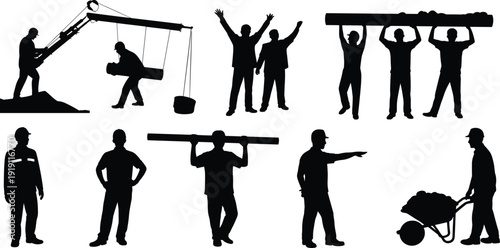 Construction worker silhouettes set builders laborers industrial job activity vector illustration isolated collection design