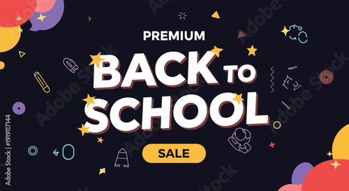 Vibrant back to school sale promotional banner featuring colorful school supplies icons on a dark background with stars.