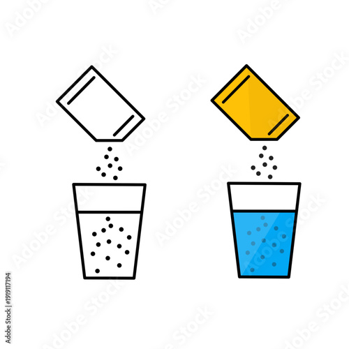 Vector icons showing powder being poured from a sachet into a glass of water. Modern symbol for medicine, supplement, and instant drink preparation.