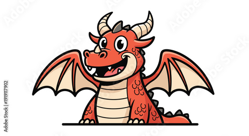 Friendly orange dragon cartoon character with wings and horns smiling happily for kids fantasy book or game illustration project.