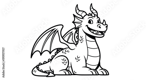 Black and white line art of a friendly dragon sitting and smiling for children to color in an educational coloring book or activity.