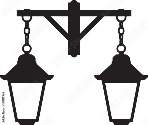 Two traditional black lanterns hanging from a rustic wooden beam by chains on a clean white background