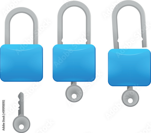 Flat vector illustration showing three step padlock and key sequence: locked padlock with key below, key inserted into keyhole, and open padlock with key inside. Minimal clean design isolated on white