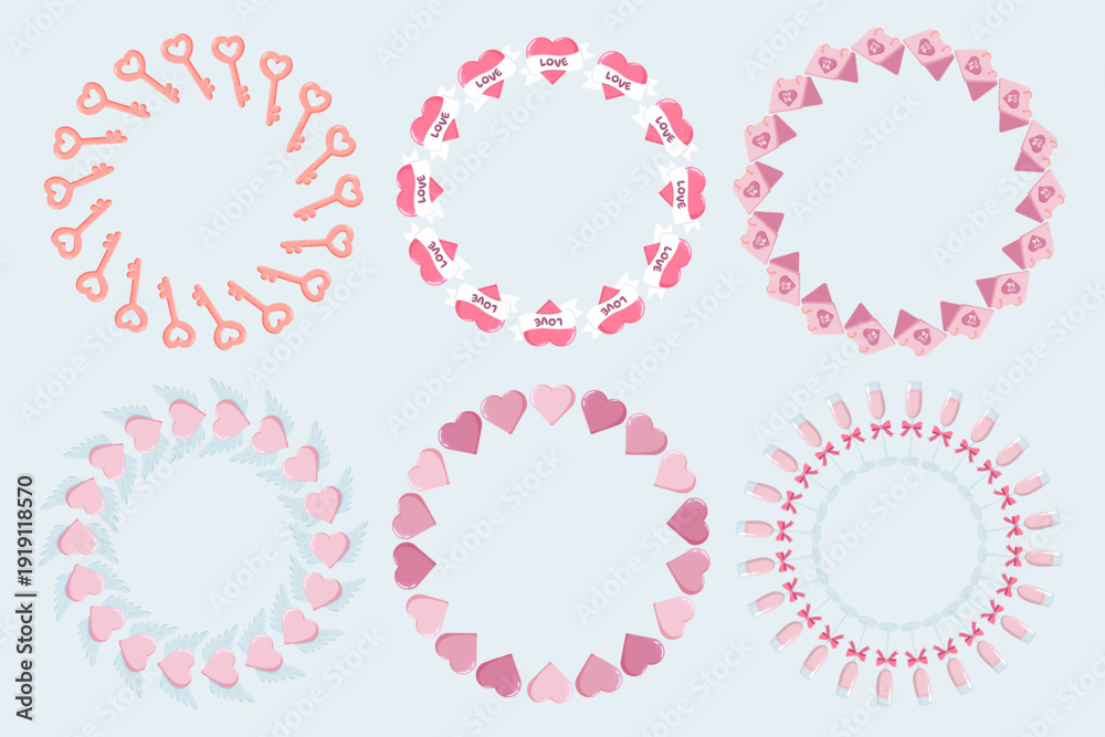 Naklejka premium Set of six circular Valentine s wreaths with HAPPY Valentine s DAY text, featuring keys with heart tops, hearts with LOVE banners, envelopes, winged hearts, pink hearts, and champagne glasses