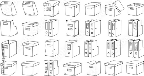 Hand-drawn doodle set of office storage solutions. Black and white line art illustrations of various archive boxes, file binders, and document folders for business organization.