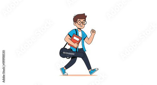 Happy young male student wearing glasses and a backpack walking while carrying a book and a guitar case.