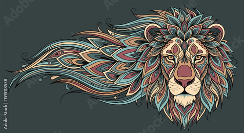 Highly detailed and colorful mandala style lion head illustration with an intricate flowing mane for wall art or tattoo.