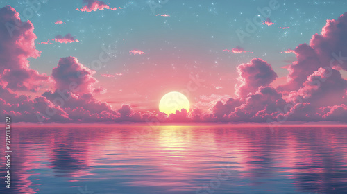 Idyllic sunset over calm ocean with pastel pink and blue sky, fluffy clouds, and sparkling stars creating peaceful and dreamy seaside atmosphere