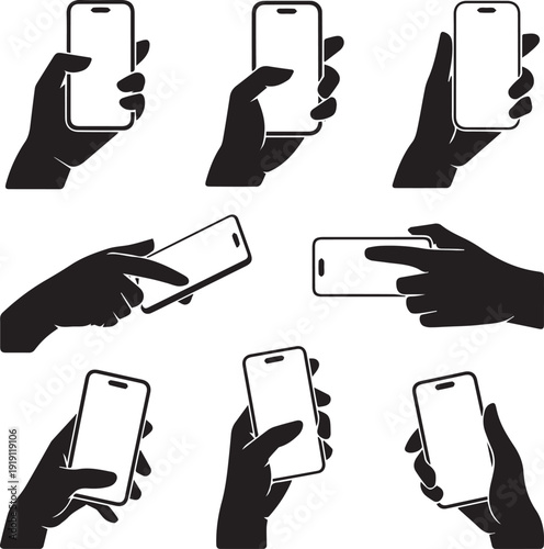  Silhouette Human hand holding smartphone set icon. Touching smartphone display. Phone holding flat icon sign. Human hands hold vertically and horizontally mobile phone. Phone in hand and click finger