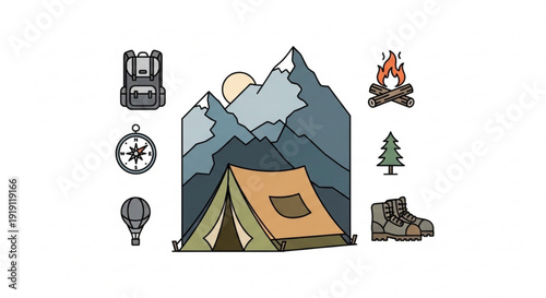 Camping gear and tent in front of mountains with camping icons outdoor adventure travel concept