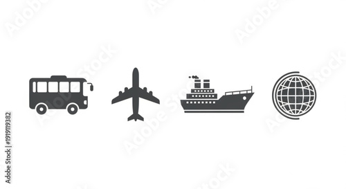 Travel and transportation icons including bus airplane ship and globe on white background