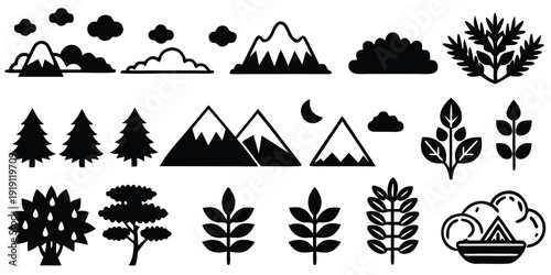 Black Silhouette Nature Icons with Mountains and Leaves