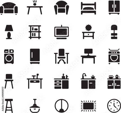various household furniture and appliances icons on white background