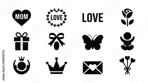 Mother's day icon set with love symbols and gifts black silhouettes on white background for greeting cards and celebrations