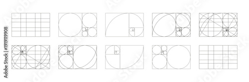 Golden ratio samples. Fibonacci array, numbers forms. Harmony proportions frames. Golden Spiral patterns. Method golden section black icons. Outline thin graphic.