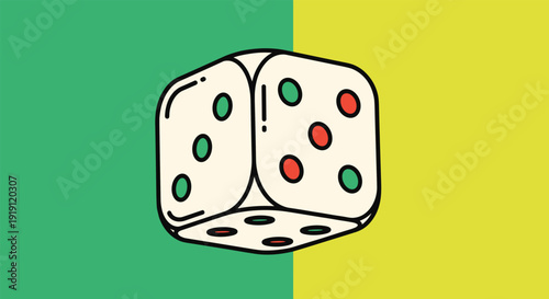 Large white game dice with colorful dots showing different numbers against a split green and yellow background.