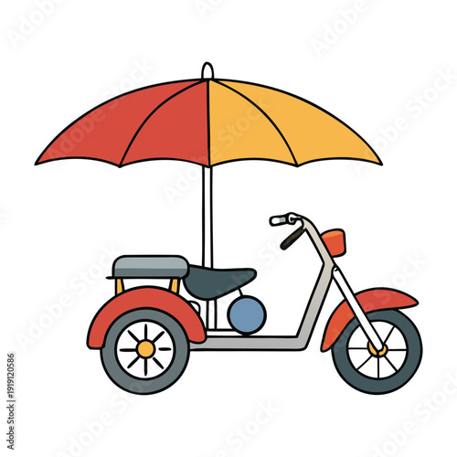 A sleek motorcycle parked under a large umbrella, sheltering it from sun or rain, with shadows dancing on the pavement, blending adventure with calm protection.
