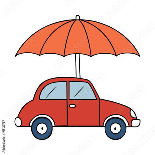 A shiny car rests under a large, colorful umbrella, sheltering it from sun and rain, creating a cozy, protected spot that catches the eye instantly.
