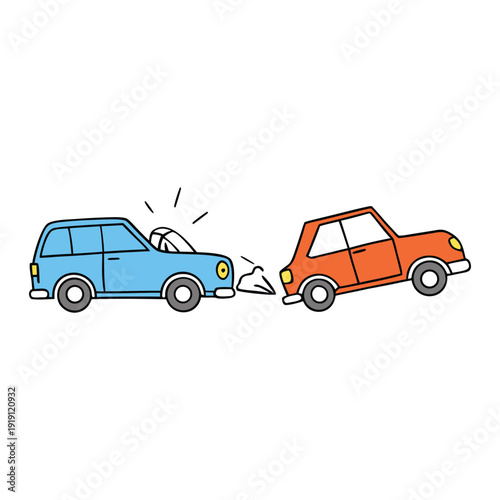 Two cars collide in a chaotic crash, metal twisted, glass shattered, smoke rising, capturing the sudden impact and the dangerous aftermath of the accident.
