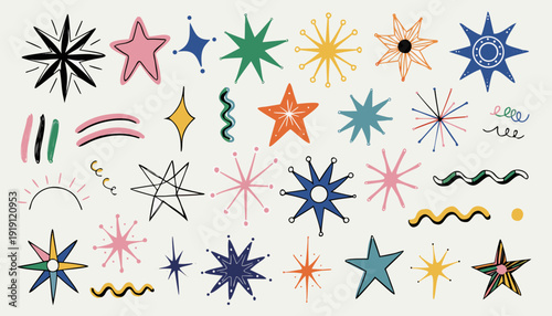 Collection of playful hand-drawn stars and sparkling doodles in sketch style, perfect for adding magical accents to invitations, social media graphics, branding materials, and whimsical creative proje