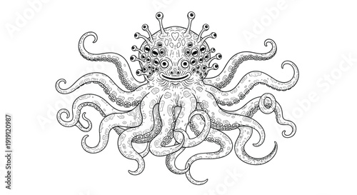 Intricate black and white line art drawing of a surreal octopus creature with numerous eyes covering its head in a horror style.