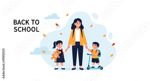 Warm autumn illustration of a teacher walking with two young students in a park with falling leaves for a back to school theme.