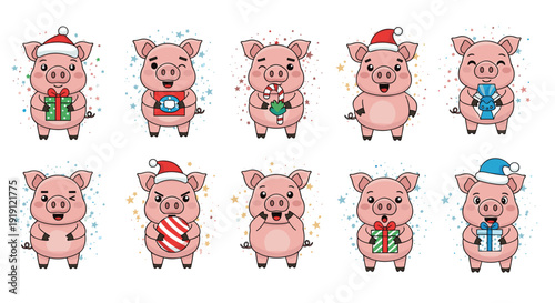 Collection of adorable cartoon pigs in various poses with Christmas hats, gifts, candy canes, and festive winter accessories for holidays.
