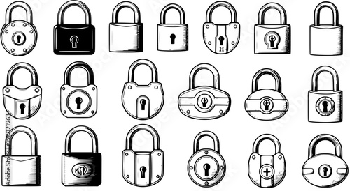 Variety of Padlocks: Vintage Style Black and White Illustration