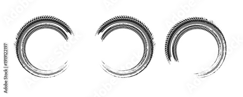 Auto tire tread grunge circle frames set. Car and motorcycle tire pattern, wheel tyre tread track. Black tyre round border. Vector illustration isolated on white background.