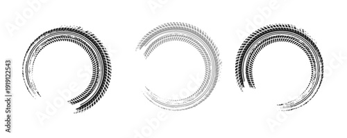 Auto tire tread grunge circle frames set. Car and motorcycle tire pattern, wheel tyre tread track. Black tyre round border. Vector illustration isolated on white background.