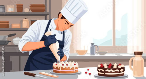 Chef Decorating Cake with Icing in Kitchen.