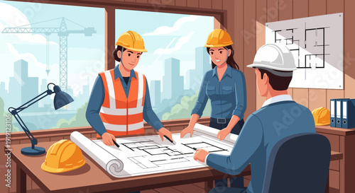 Engineers Reviewing Construction Plans in Office.