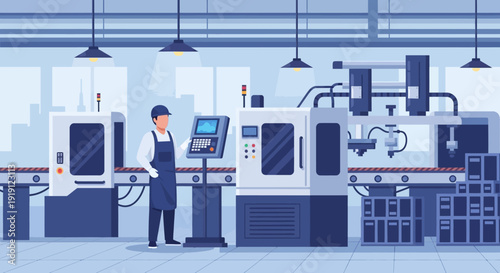 Engineer Operating Industrial Machinery in Factory.