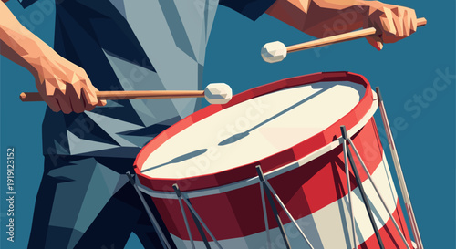 Close up of a person playing a red and white striped bass drum with drumsticks Low Polygonal