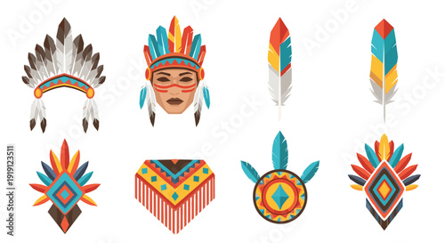 Collection of Native American inspired headdresses, feathers, and tribal ornaments Low Polygonal