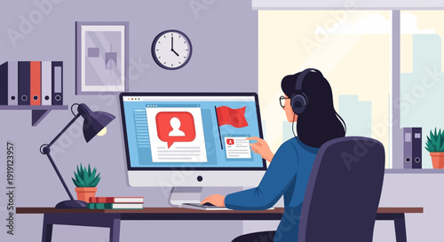 Woman Working on Computer with Social Media.