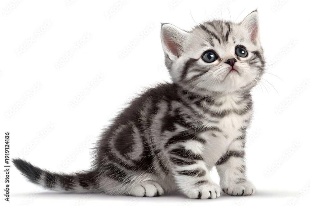 Obraz premium Adorable silver tabby kitten with mesmerizing blue eyes sits isolated against a pure white background showcasing its beautiful striped fur pattern.