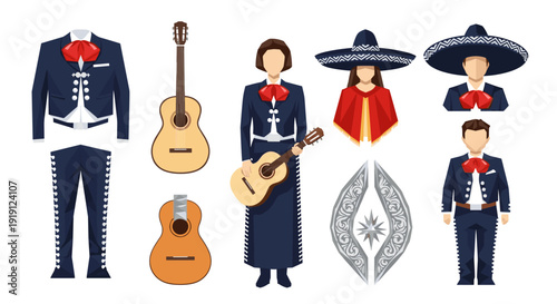 Traditional Mexican Mariachi Outfits and Guitars for Festive Celebrations Low Polygonal