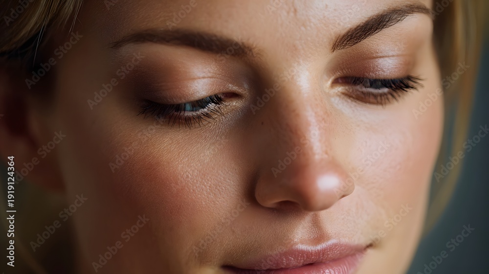 Fototapeta premium Serene woman s face in extreme close up showcasing gentle expression soft makeup and delicate skin details