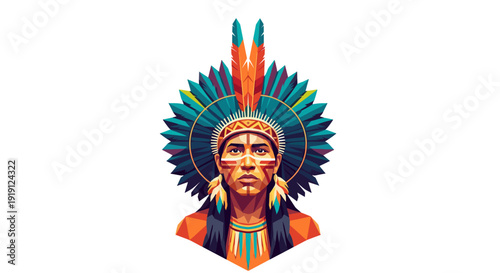 Stylized portrait of a Native American man wearing a feathered headdress and face paint Low Polygonal