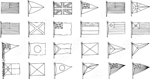 Hand-Drawn Vintage Flags Collection: Nautical Pennants, National Banners, and Historical Ensigns in Black and White Sketch Style.
