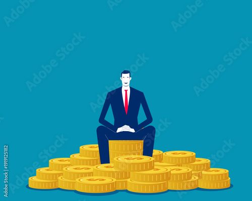 Business investment. Businessman sitting on gold coin