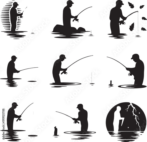 silhouette of people fishing in various poses in water  fishermen