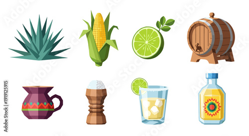 Mexican fiesta ingredients and drinks, stylized flat design with agave, corn, lime, and tequila Low Polygonal