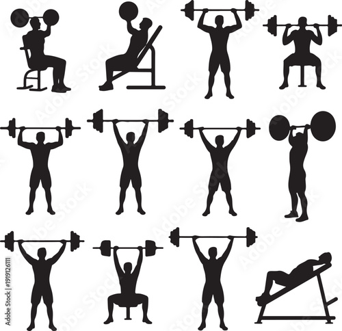 silhouette of people working out with dumbbells and barbells