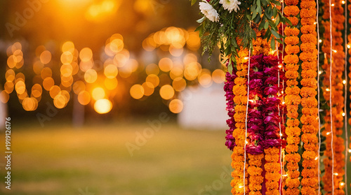 Traditional floral marigold garland decoration for Indian wedding ceremony on blur background. Banner template for autumn celebration festival or toran Indian traditional Diwali, Day of dead, wedding 