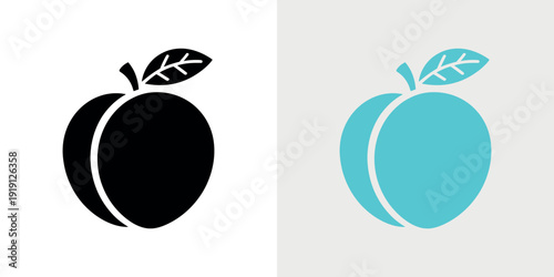 Black and cyan peaches with white outlines and leaves