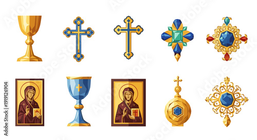 Collection of ornate religious symbols and artifacts with a low-poly geometric style Low Polygonal
