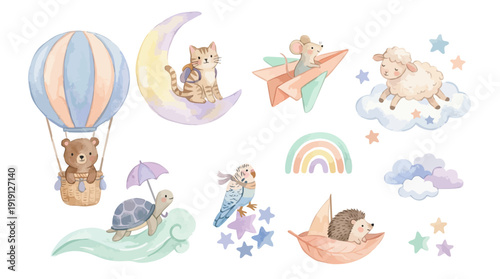 Watercolor nursery sky animals clipart set with moon, balloon, rainbow and stars. Collection of Vector illustrations. Perfect for invitation, card, poster, banner, decoration
